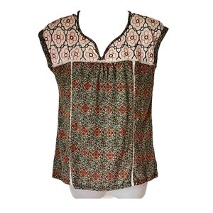 KATE & SAM Ladies Retro Sleeveless Top Green Orange Pink Embroidered Flowers